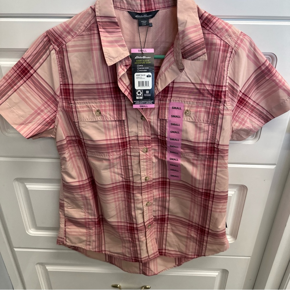 Eddie Bauer Women’s Pink Plaid Shirt, Small